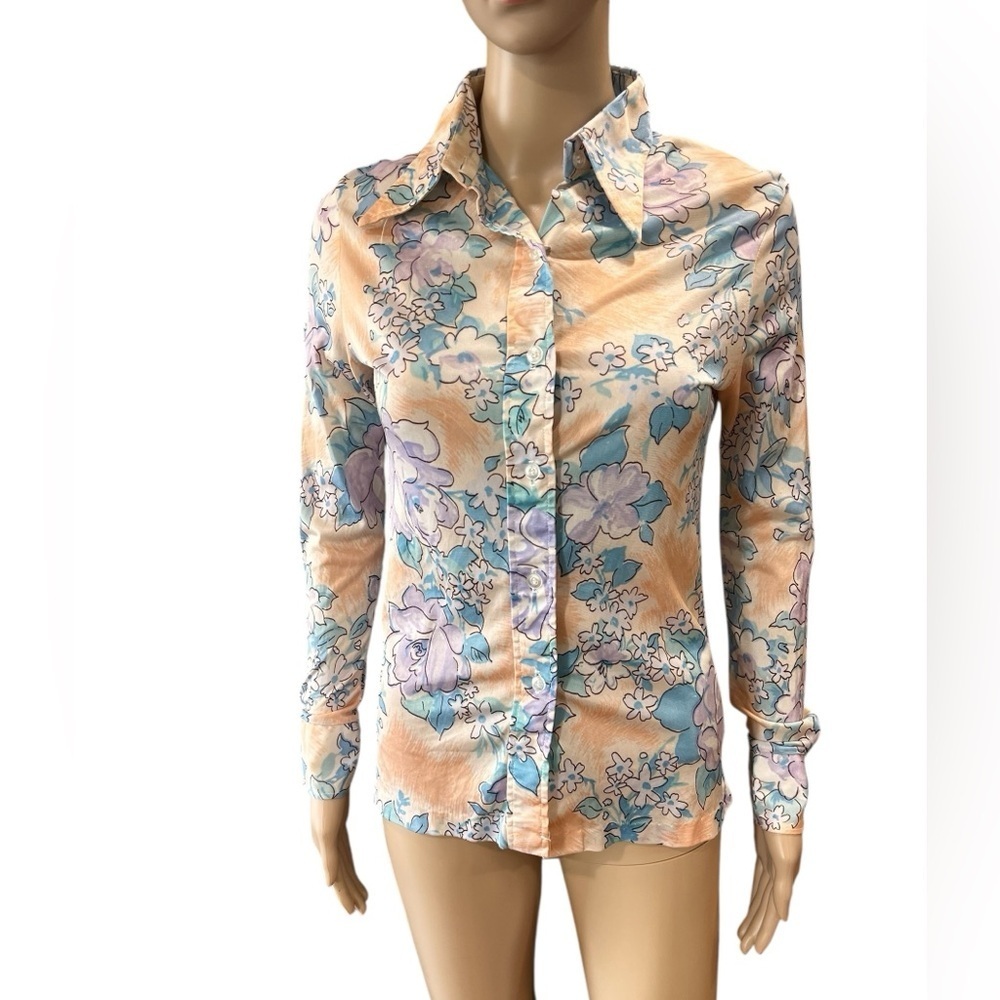 Vintage 70s retro novelty watercolor floral print poly dagger collar blouse-S